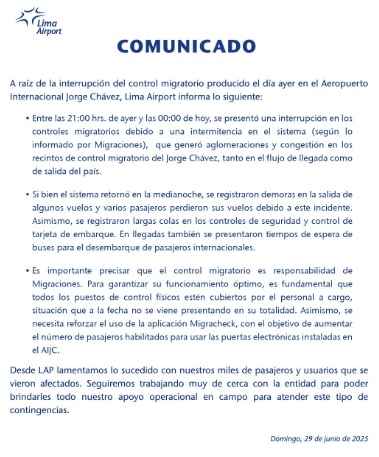 LAP responsabiliz a Migraciones por las demoras en el Jorge Chvez.