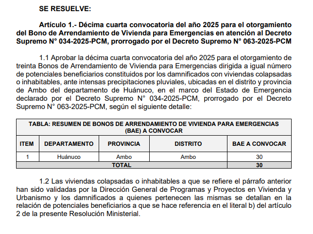 Ministerio de Vivienda entregar 30 bonos de alquiler a familias damnificadas por lluvias en Ambo.