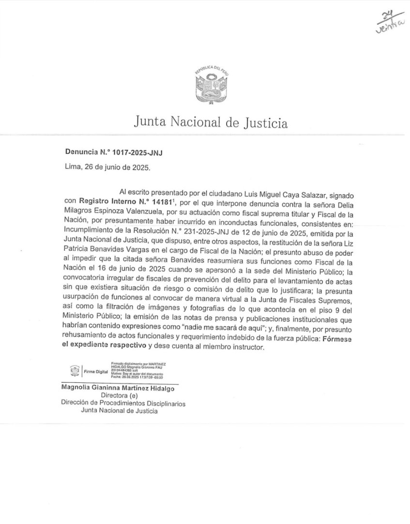 JNJ admite a trmite denuncia contra Delia Espinoza