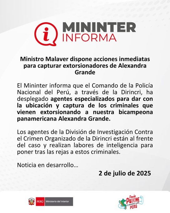 Mininter anuncia operativo para capturar a extorsionadores de Alexandra Grande.