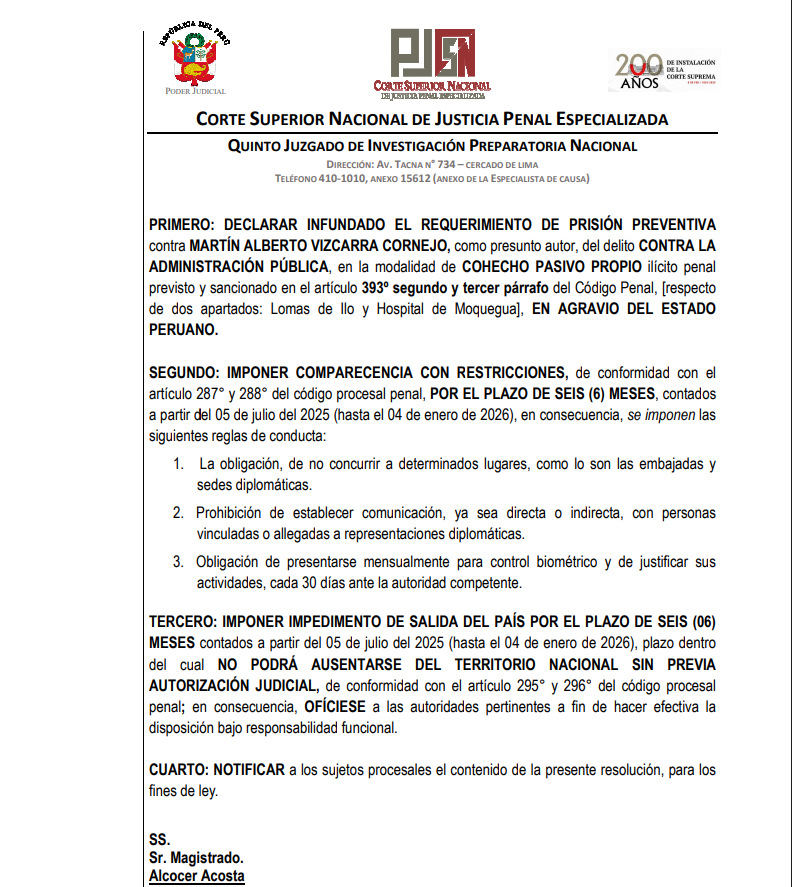 Nuevas comparecencias que deber cumplir Martn Vizcarra.