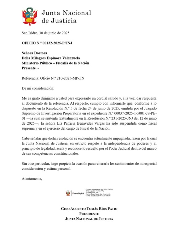 JNJ reconoce en el cargo a Delia Espinoza