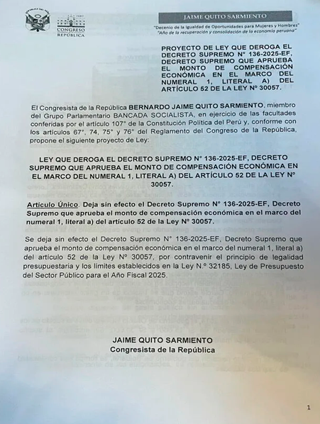 Proyecto de ley presentado por el congresista Jaime Quito.
