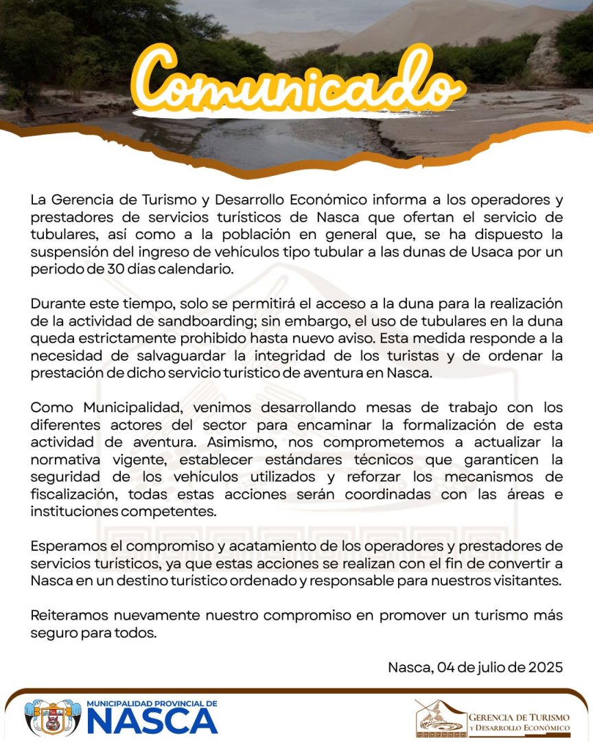 Municipalidad de Nasca suspende operacin de tubulares en dunas de Usaka.