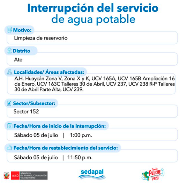 Interrupcin del servicio de agua potable en Ate.
