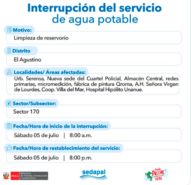 Corte de agua programado en El Agustino.