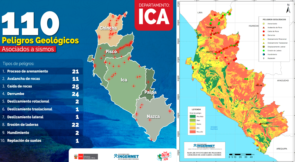 Mapa de Ica con peligros geolgicos identificados por Ingemmet.
