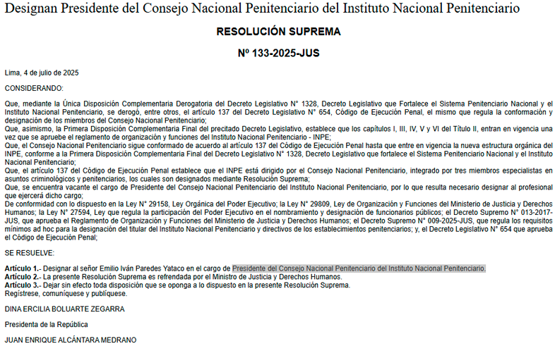 Resolucin de la designacin del nuevo presidente del INPE.