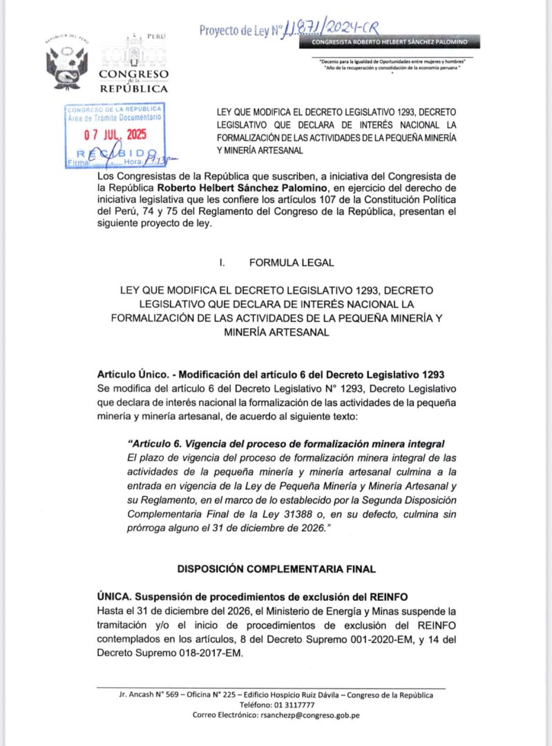 Proyecto de ley que busca ampliar el REINFO hasta 2026.