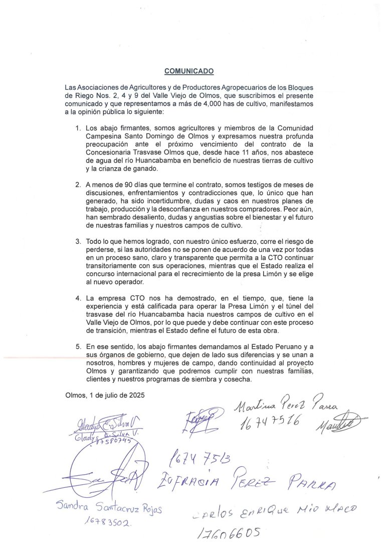 Comunicados de agricultores de Olmos.