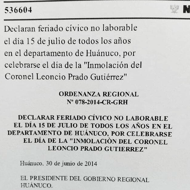Feriado cvico no laborable el 15 de julio, en Hunuco.