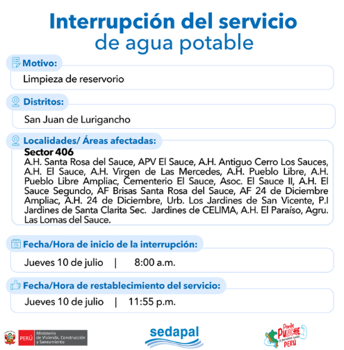 Corte de agua programado en SJL.