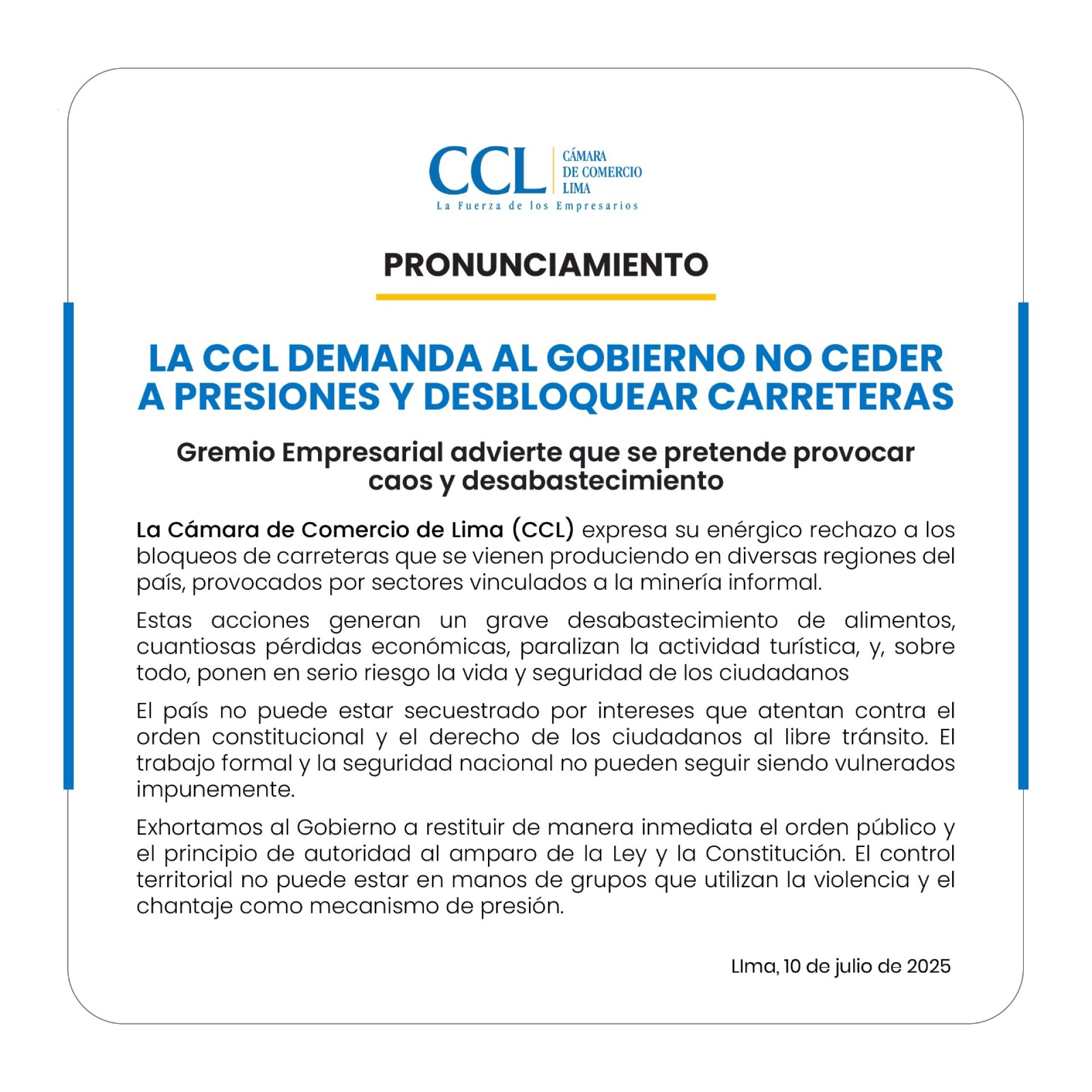 Pronunciamiento de la Cmara de Comercio de Lima