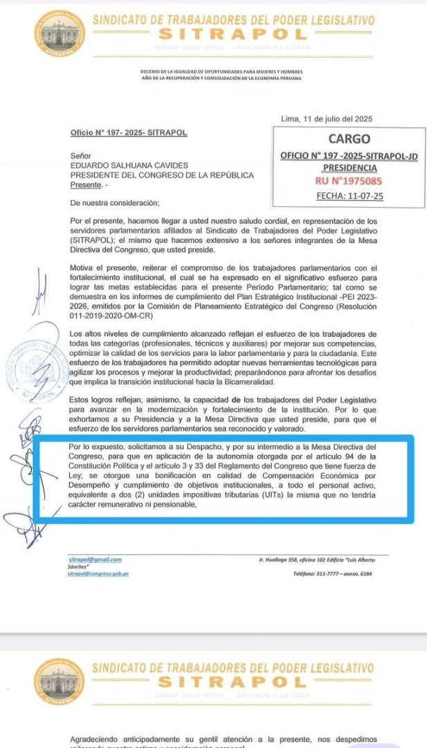Sindicato de trabajadores del Congreso solicita bono de ms de S/10 mil soles.