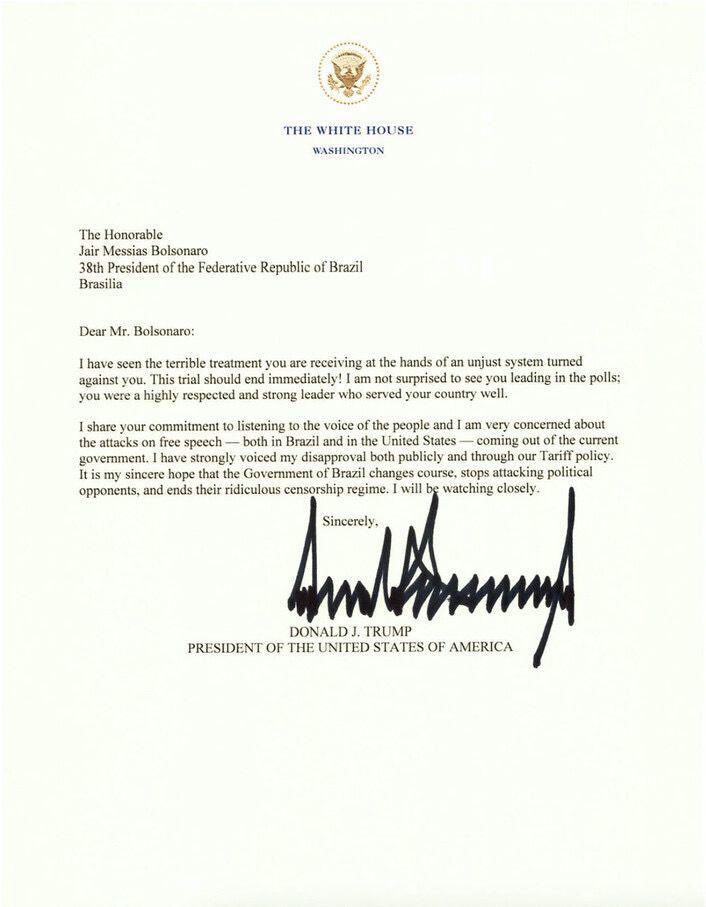 Carta de Donald a Trump a Jair Bolsonaro.