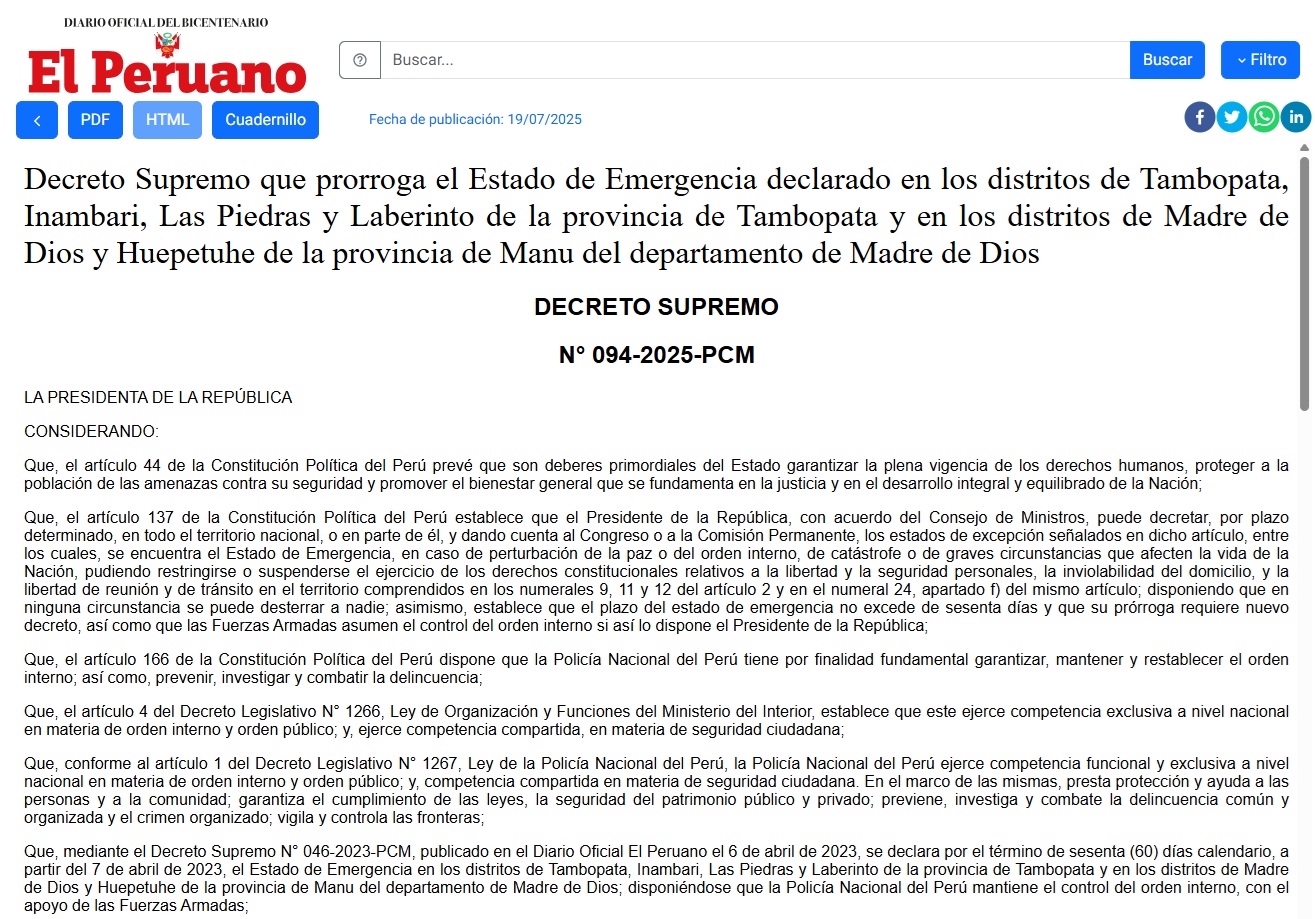 Decreto que extiende estado de emergencia en Madre de Dios.