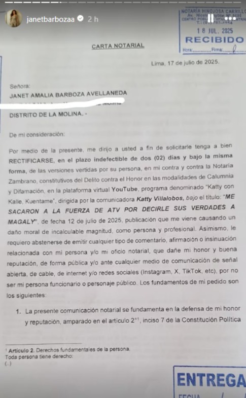 Janet Barboza revel la carta notarial enviada por Alfredo Zambrano.