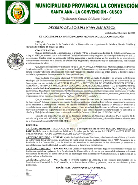 Declaran das no laborables en La Convencin este 24 y 25 de julio.