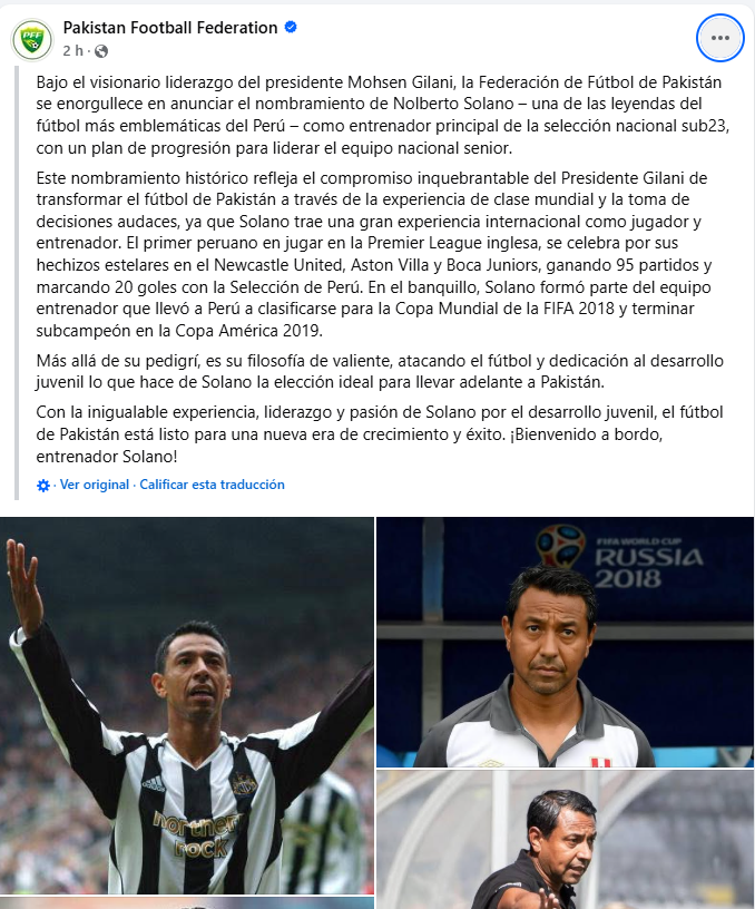 Nolberto Solano dirigir la Seleccin Sub-23 de Pakistn.
