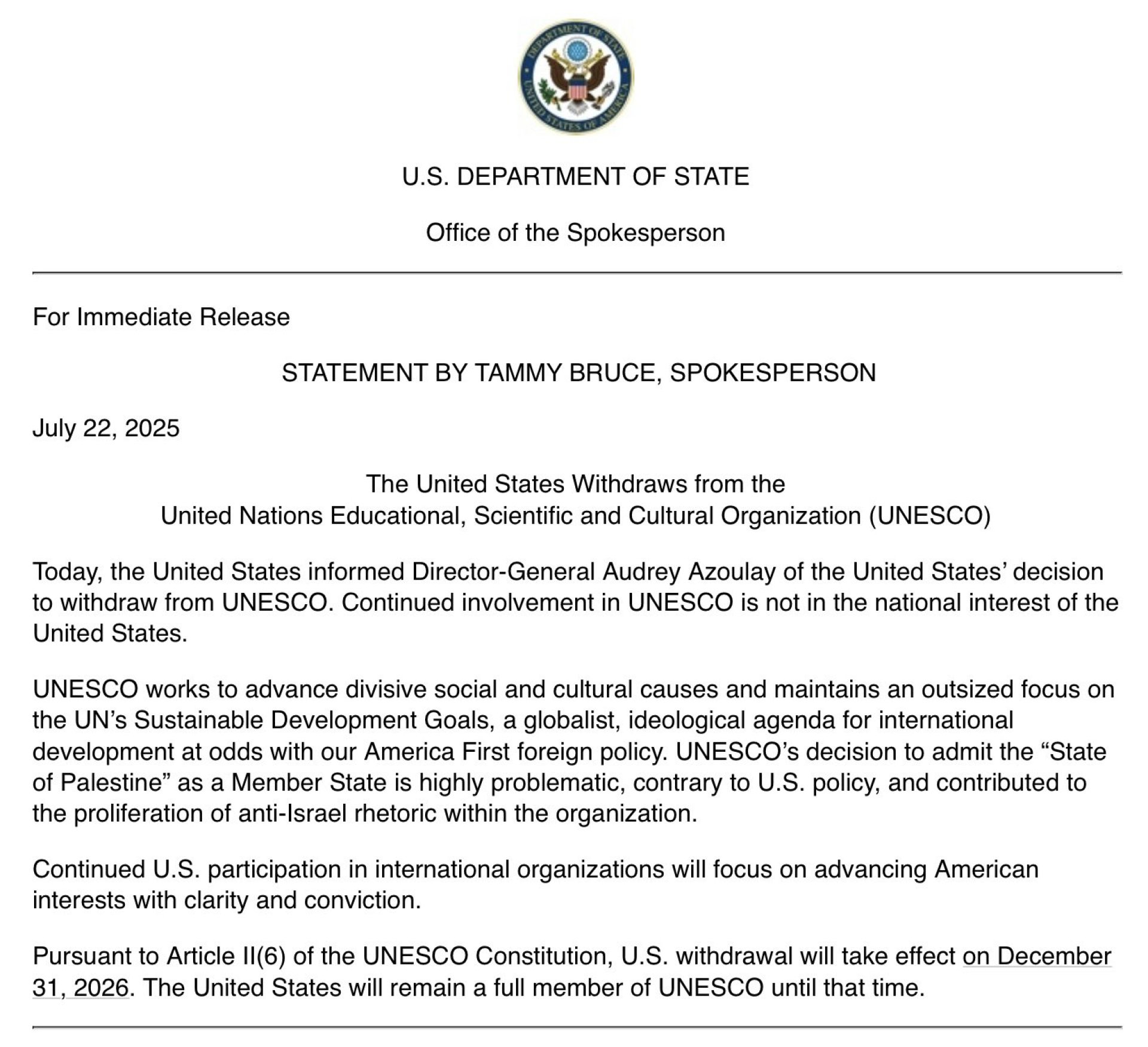 Estados Unidos se retira de la UNESCO