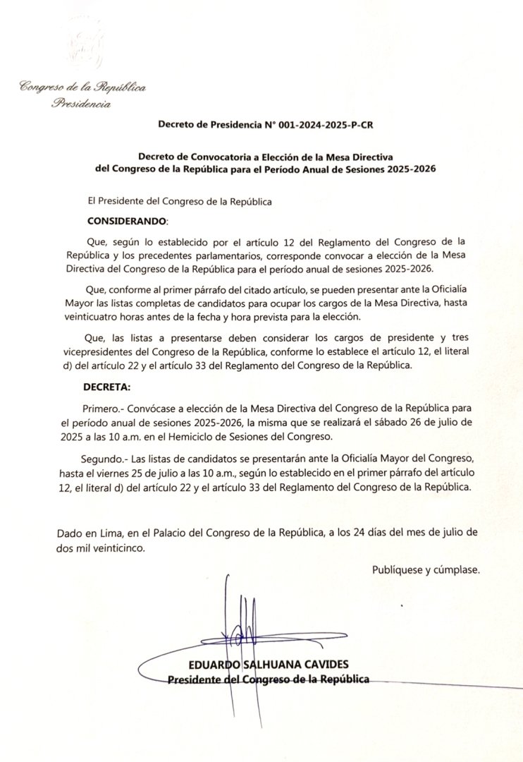 Convocan a elecciones para la nueva Mesa Directiva del Congreso
