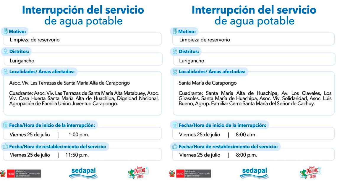 Corte de agua en Lurigancho y Comas, segn Sedapal.