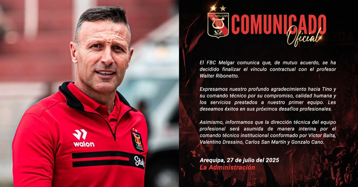 Melgar anunció la destitución de Walter Ribonetto como entrenador del primer equipo