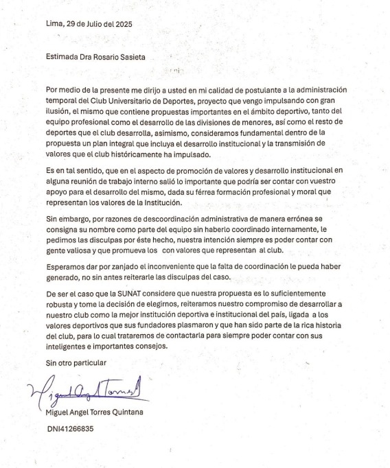 Carta de Miguel ngel Torres a Rosario Sasieta.