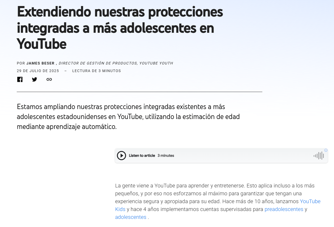 El comunicado de Youtube sobre uso de IA para identificar a menores.
