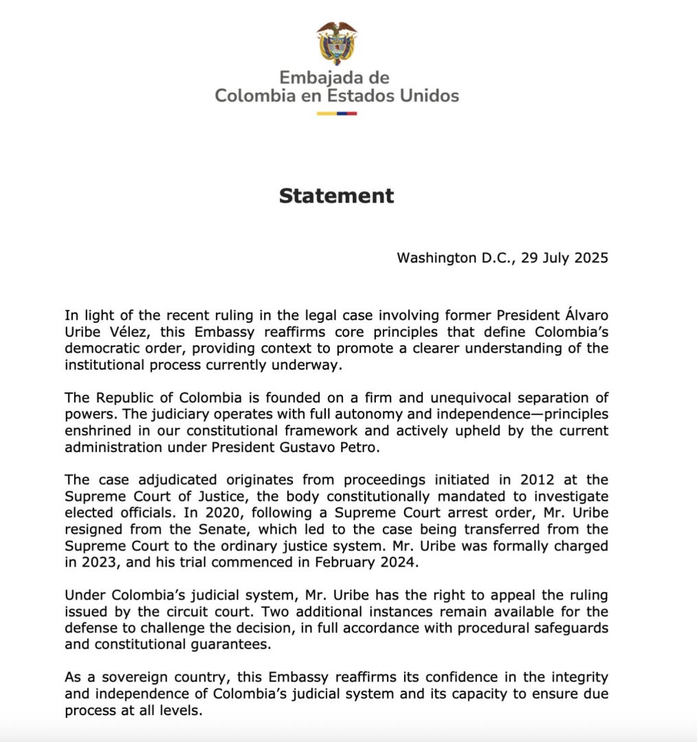 Carta enviada a la Casa Blanca por parte del Gobierno de Colombia.