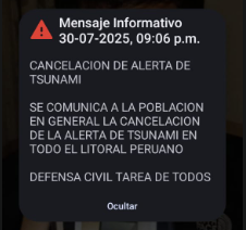SISMATE informa de cancelacin de alerta de tsunami