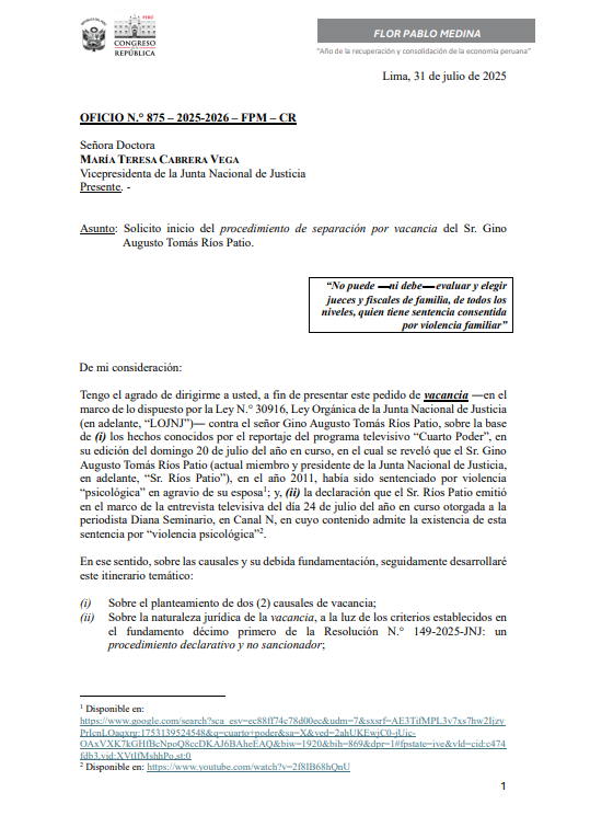 Oficio N 875-2025-2026-FPM-CR