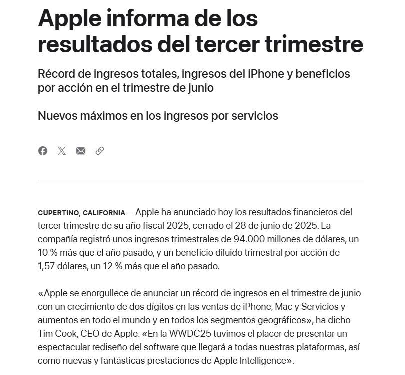 El comunicado que emiti Apple sobre sus ganancias.