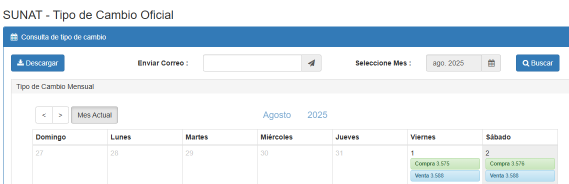 Tipo de cambio del dlar, segn SUNAT.