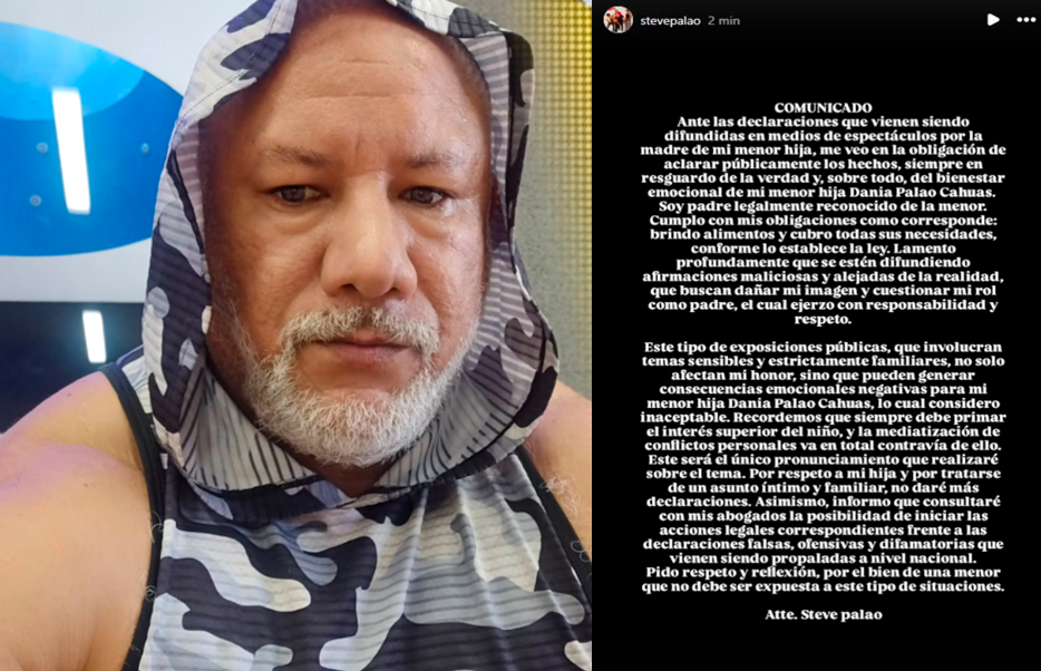 Comunicado de Steve Palao tras ser acusado de no cumplir ni ver a su hija menor.