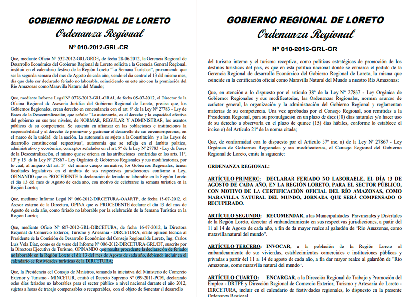 Ordenanza Regional N. 010-2012-GRL-CR declara el 13 como da no laborable en Loreto.