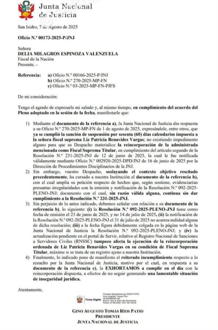 JNJ exige a Delia Espinoza reponer de inmediato a Patricia Benavides.