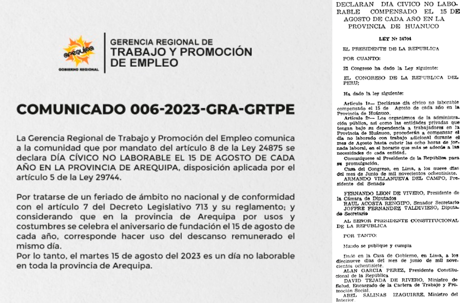 15 de agosto, da no laborable para Arequipa y Hunuco.