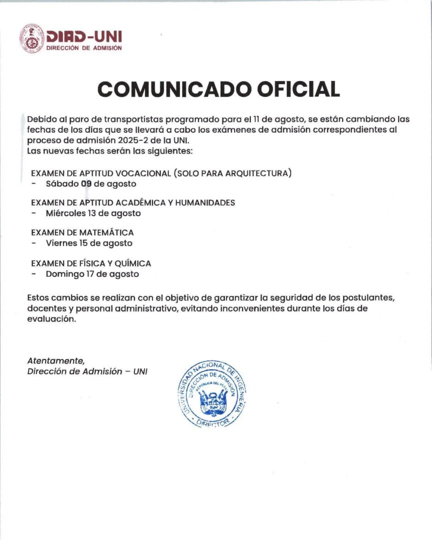 UNI reprograma examen de admisin.