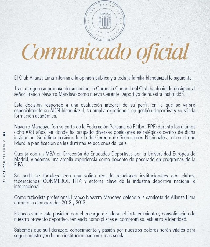 Comunicado de Alianza Lima sobre la llegada de Franco Navarro Jr.