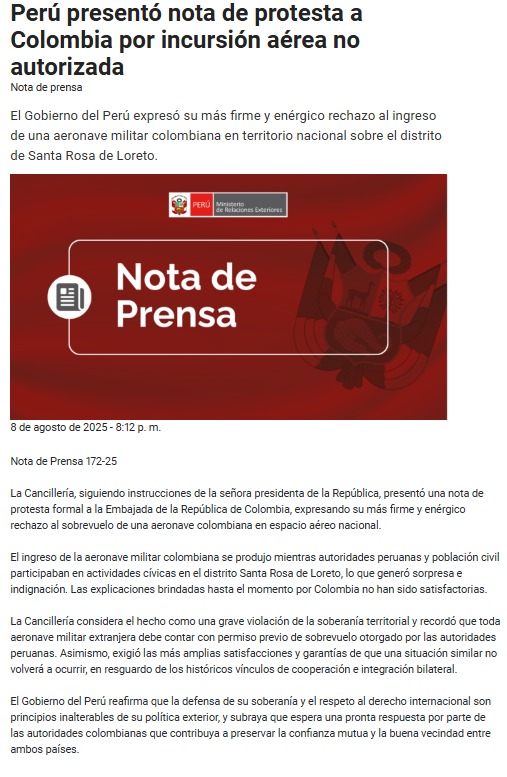 Per present nota de protesta a Colombia por incursin de aeronave.