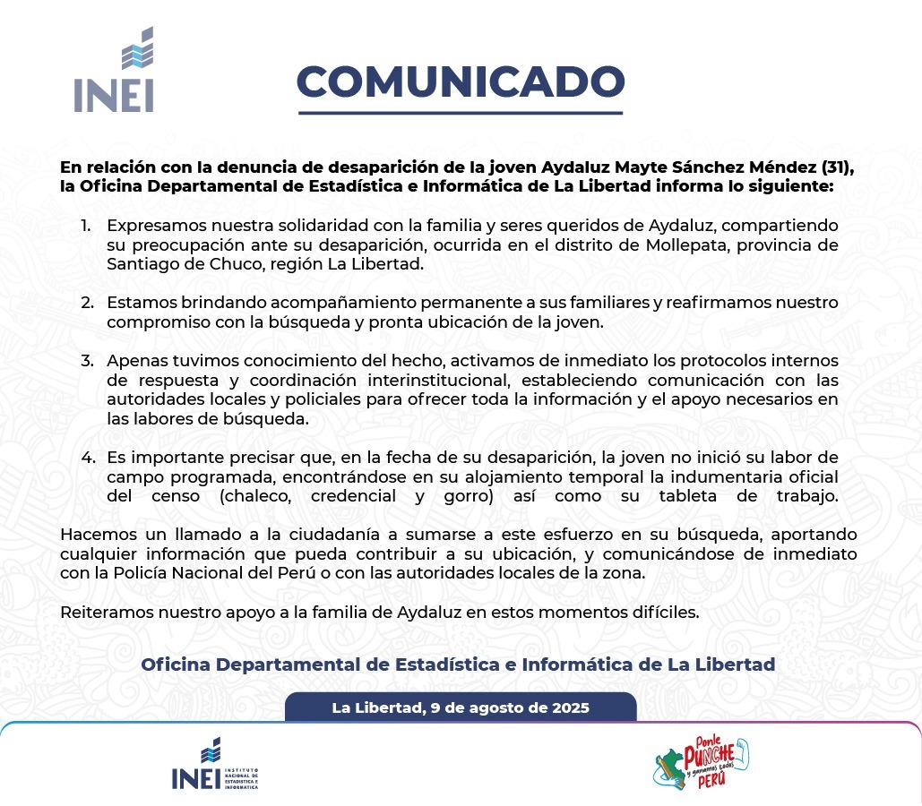 INEI se suma a la bsqueda de censista desaparecida