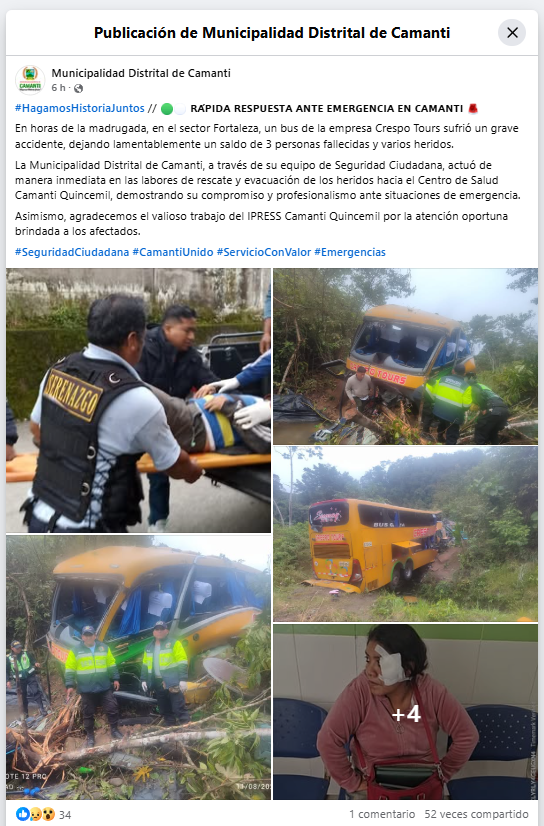 Municipalidad Distrital de Camanti informa sobre el accidente.