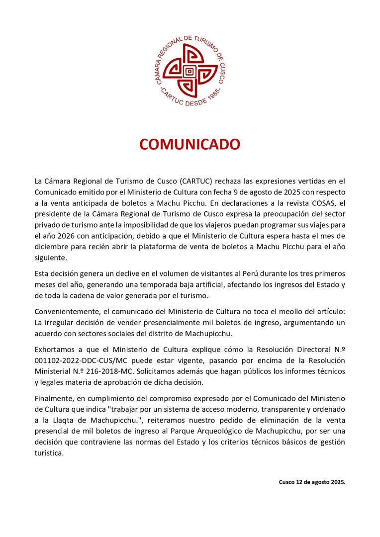 Comunicado de la Cmara Regional de Turismo de Cusco (CARTUC)