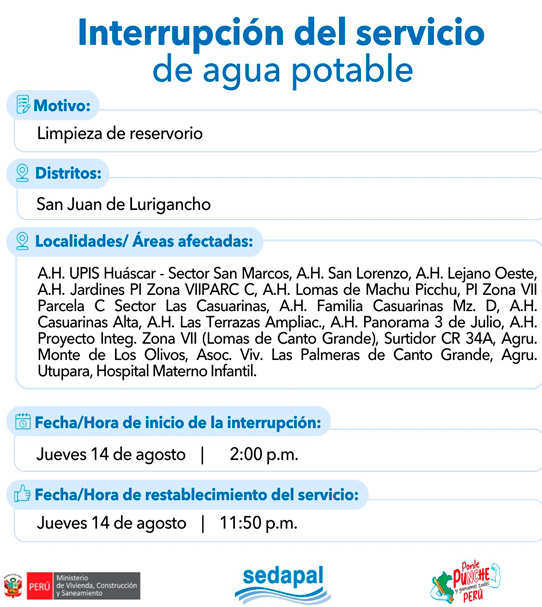 Interrupcin del servicio en SJL por limpieza de reservorio.