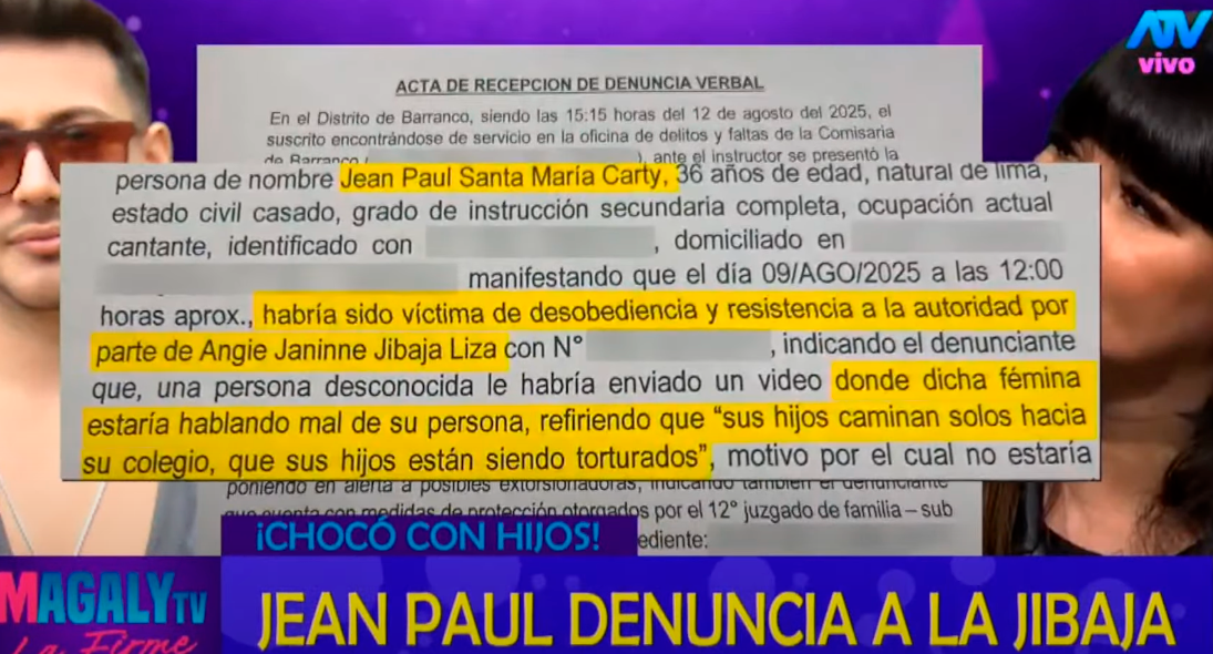 Jean Paul Santa Mara denuncia a Angie Jibaja por presunta violencia psicolgica y perjuicio a sus hijos.