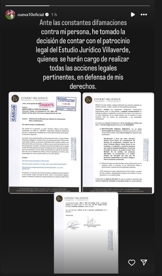 Christian Cueva anuncia acciones legales contra Pamela Lpez.