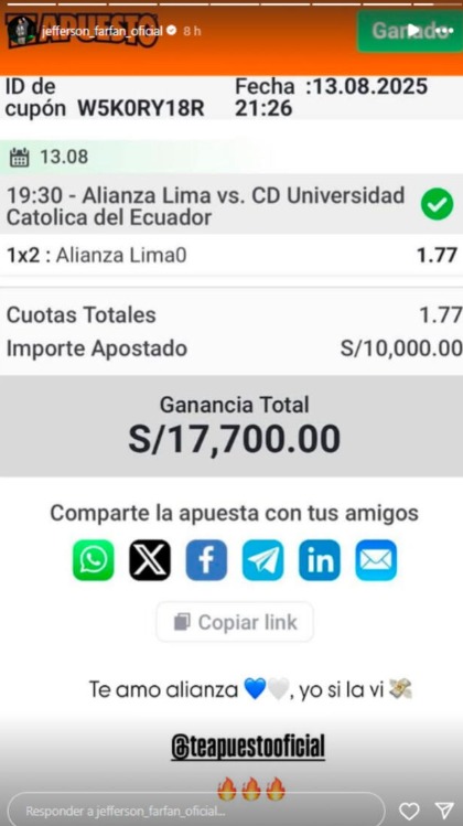 Jefferson Farfn gan fuerte suma tras victoria de Alianza Lima.