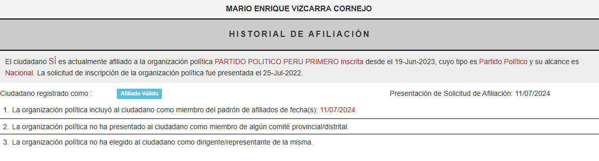 Mario Vizcarra es afiliado a Per Primero