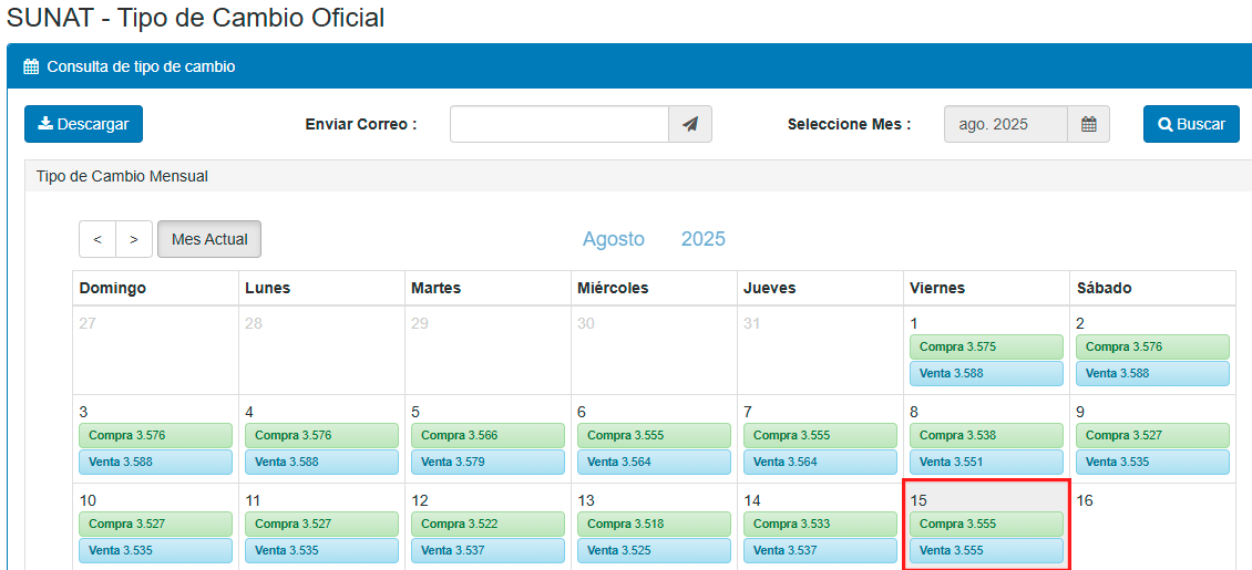 Tipo de cambio del dlar, segn Sunat.